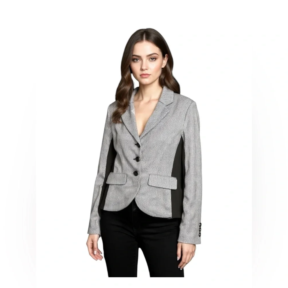 Kenar Black Gray Knit Blazer Jacket Size L Tailored Career 3 Button - Picture 1 of 8